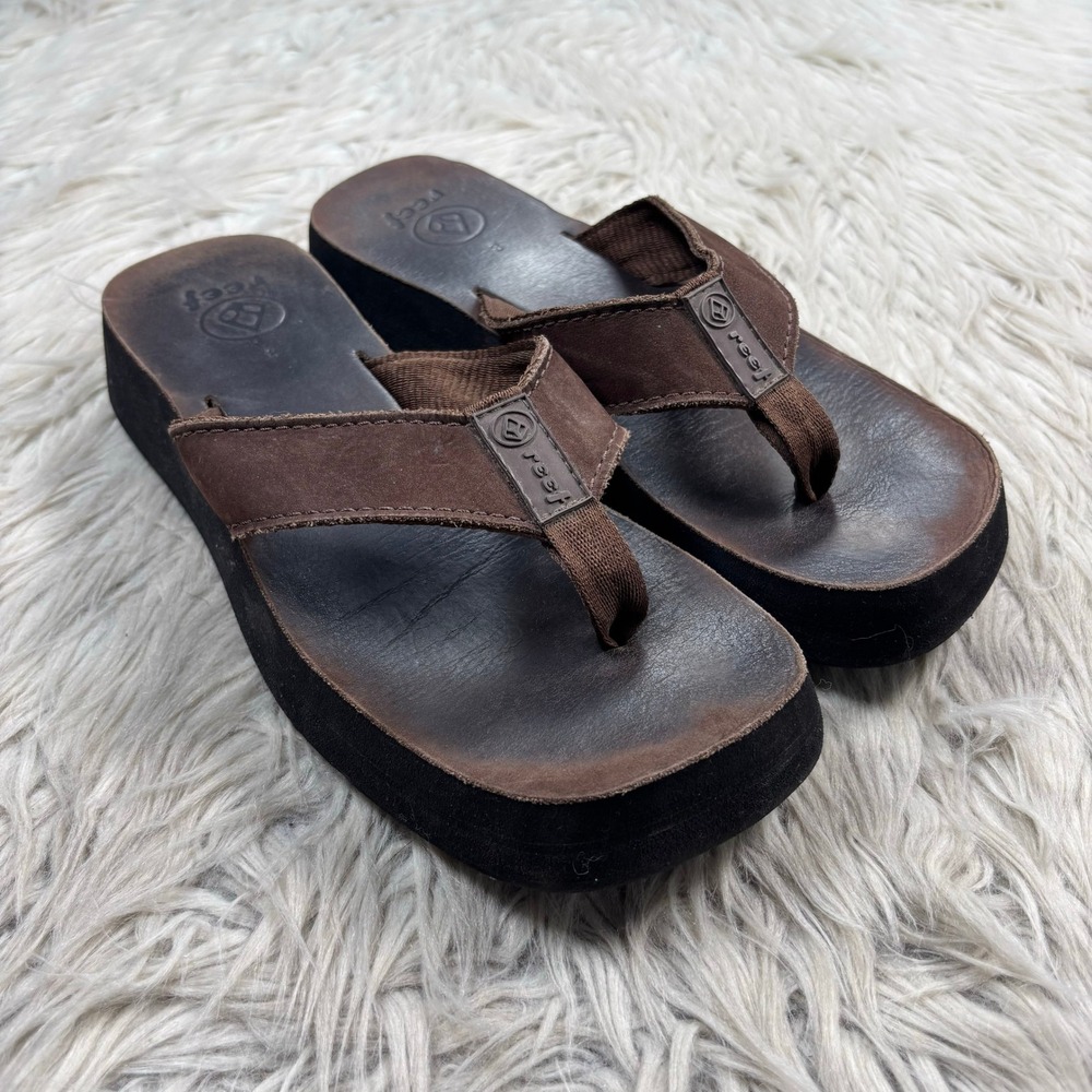 Reef Women's 8 Brown Leather Platform Square Toe Flip Flops 90's Y2K Beach